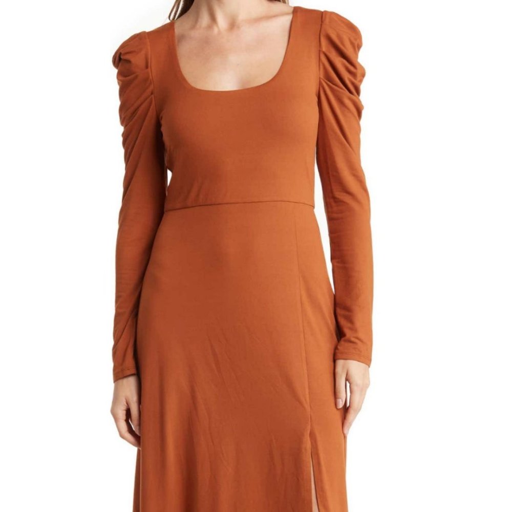 NEW NWT WAYF Puff Long Sleeves Midi Dress XL Knit Stretch Soft Rust Orange
